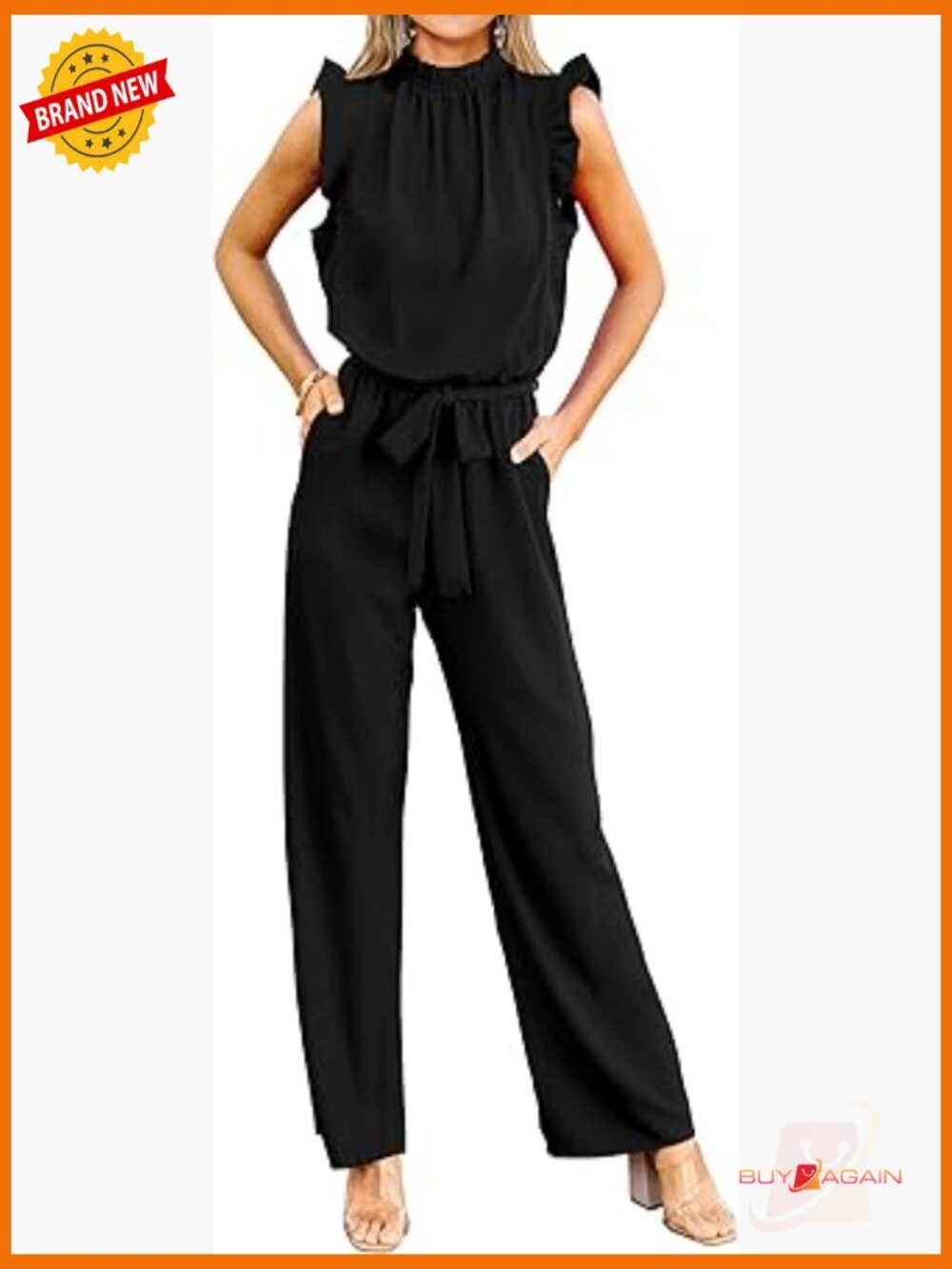 One Piece Jumpsuit with Pockets, Wide Leg, Mock Neck, Belt, Ruffle Sleeveless
